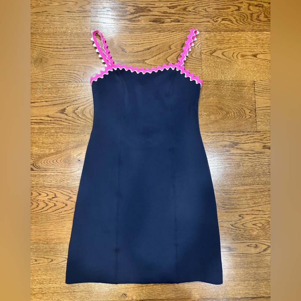 Lilly Pulitzer Nwt Shellbee True Navy Blue Pink Ric Rac Scuba Lined Dress Size M - Picture 2 of 6